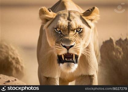 Lioness in Africa savannah. Generative AI. High quality illustration. Lioness in Africa savannah. Generative AI