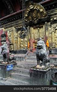 Lions and door of temple Changu Nrayan