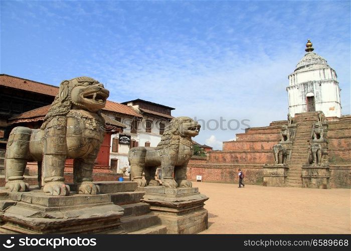 Lions and elephants on the durbar square in Bhaktapur, Nepal