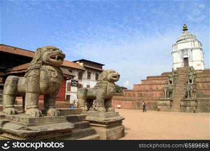 Lions and elephants on the durbar square in Bhaktapur, Nepal