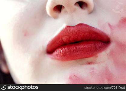 Lips With Smeared Lipsticks. Close-up