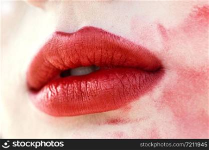 Lips With Smeared Lipsticks. Close-up