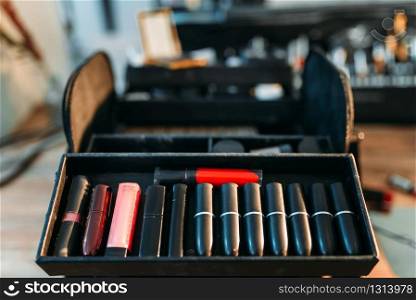 Lipstick collection closeup, professional makeup cosmetic. Make up artist accessories