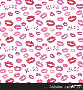 Lipstick kiss print. Vector fashion seamless pattern for textile or wrapping. Valentines day background with color lip. Lipstick kiss print. Vector fashion seamless pattern for textile or wrapping. Valentines day background with color lips