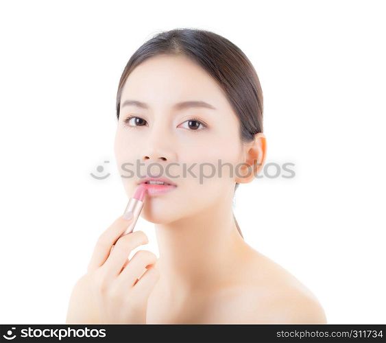 Lipstick makeup asian woman with lip balm care. Beauty Asian girl on lips with happy. cosmetics beauty concept.