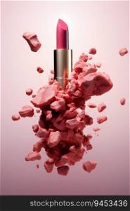 Lipstick with Rocks Flying in the Air. Generative ai. High quality illustration. Lipstick with Rocks Flying in the Air. Generative ai