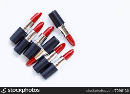 Lipsticks on white background. Beautiful Make-up concept with copy space