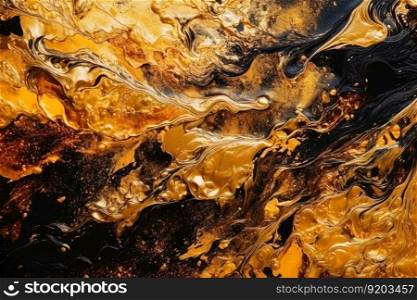 Liquid background in golden and black colors created with generative AI technology