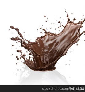 Liquid chocolate crown splash. In a liquid chocolate pool. With circle ripples. Side view, isolated on white background. for printing, web design, product.