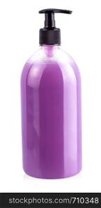 Liquid container for gel, lotion, cream, shampoo, bath from pink cosmetic plastic bottle with black dispenser pump.