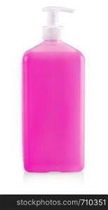 Liquid container for gel, lotion, cream, shampoo, bath from pink cosmetic plastic bottle with white dispenser pump.