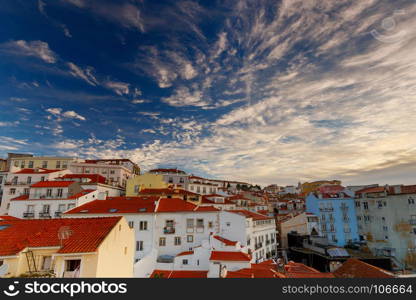 Lisbon. Aerial view of the city on the Sunset.. Aerial view of the city from the observation deck. The Monastery of Sao Vicente de Fora. Lisbon. Portugal.