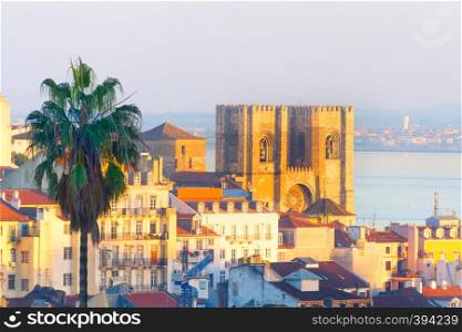 Lisbon Cathedral at Old Town of Lisbon at sunset. Portgual