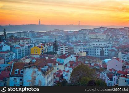 Lisbon city center at colorful sunset. Top view. Portugal