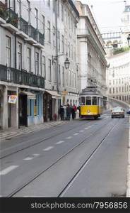 lisbon city portugal editorial street view of a tram 04.09.2011