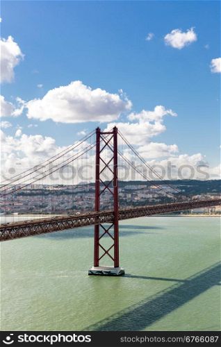 Lisbon cityscape with 25 de Abril suspension Bridge, Portugal