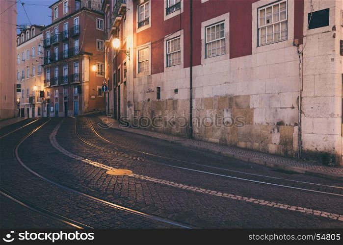 Lisbon old city street night view, Portugal