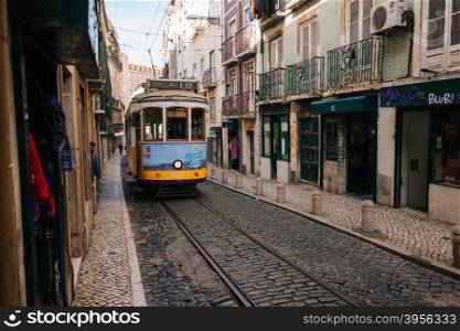 LISBON, PORTUGAL - FEBRUARY 02, 2016: Old traditional tram in Lisbon, Portugal