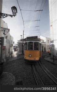 LISBON, PORTUGAL - FEBRUARY 02, 2016: Old traditional tram in Lisbon, Portugal