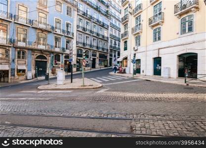 LISBON, PORTUGAL - FEBRUARY 03, 2016: Alfama district morning street in Lisbon, Portugal.