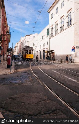 LISBON, PORTUGAL - FEBRUARY 03, 2016: Old traditional tram in Lisbon, Portugal