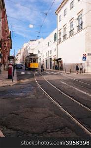 LISBON, PORTUGAL - FEBRUARY 03, 2016: Old traditional tram in Lisbon, Portugal