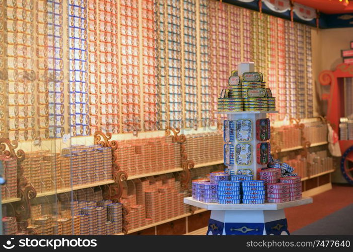 "Lisbon, Portugal - June 16th 2019 Souvenir sardine store "O Mundo Fantastico da Sardinha Portuguesa" "