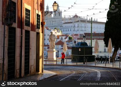 LISBON, PORTUGAL - MAY 3, 2017: Old architecture morning streets, Lisbon old city, Portugal