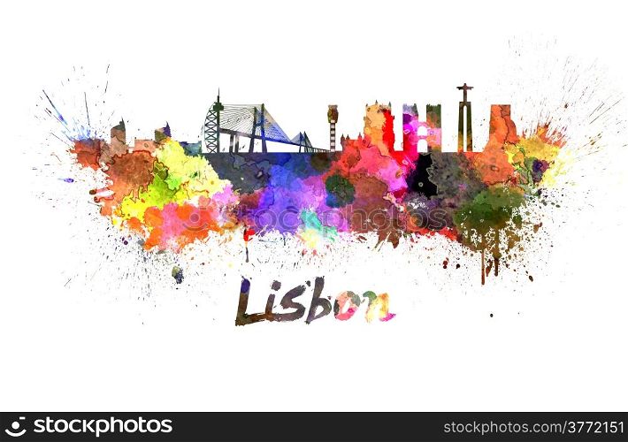 Lisbon skyline in watercolor splatters with clipping path. Lisbon skyline in watercolor