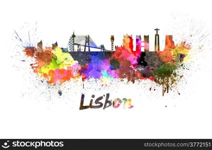 Lisbon skyline in watercolor splatters with clipping path. Lisbon skyline in watercolor