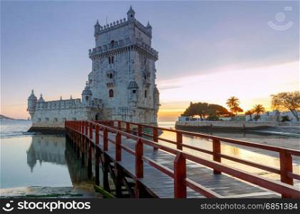 Lisbon. The Tower Belem.. Old medieval tower Belem on the river Tagus. Lisbon. Portugal.