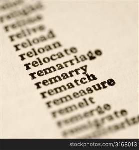 List of words in alphabetical order including words relocate and remarriage.