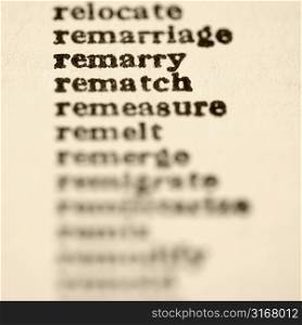 List of words in alphabetical order including words remarry and rematch.