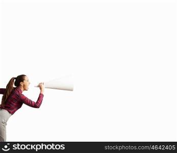 Listen everyone. Young woman making some announcement in trumpet