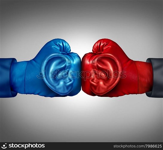 Listen to your competition business concept with a red and blue boxing glove with a human ear symbol listening and analizing information from a competitive environment as a metaphor for planning tactics and strategy.
