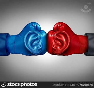 Listen to your competition business concept with a red and blue boxing glove with a human ear symbol listening and analizing information from a competitive environment as a metaphor for planning tactics and strategy.