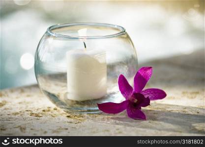 Lit candle in glass bowl and purple orchid beside pool.