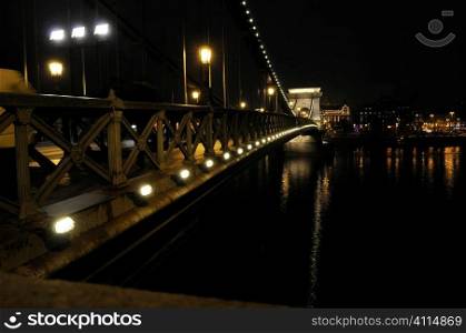 Lit suspension bridge over the River Danube, Budapest