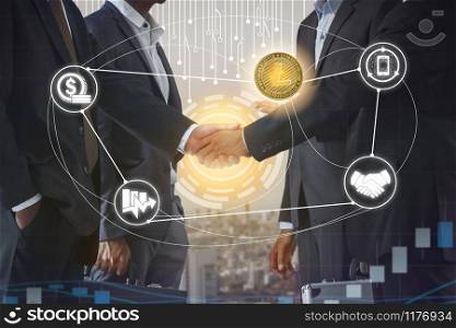 Litecoin LTC and cryptocurrency payment acceptance concept - Businessman handshaking showing accepted payment by using Litecoin coin. Blockchain and financial technology.. Litecoin LTC and Cryptocurrency Payment Accept
