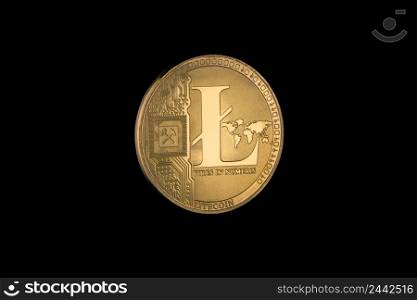 litecoin on black background with copy space. electronic money isolated. coins are bitcoin and litecoin