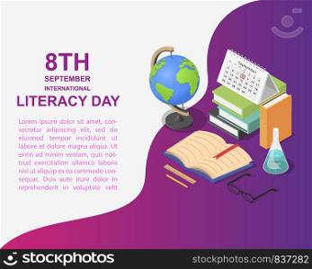 Literacy Day book science library banner concept. Isometric illustration of Literacy Day book science library vector banner for web. Literacy Day book banner concept, isometric style