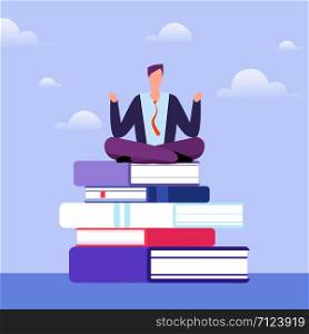 Literate man sits on pile of books. Self education vector concept. Illustration of worker guy education and study. Literate man sits on pile of books. Self education vector concept
