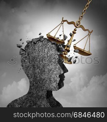 Litigation and lawsuit stress concept as a lawyer or attorney metaphor and plaintiff anxiety symbol as a law scale damaging a human icon as an impact due to legal issues of the courts or being sued and investigated as a 3D illustration.