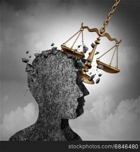 Litigation and lawsuit stress concept as a lawyer or attorney metaphor and plaintiff anxiety symbol as a law scale damaging a human icon as an impact due to legal issues of the courts or being sued and investigated as a 3D illustration.