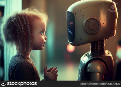 Litt≤girl talking to chatbot robot - artificial∫elli≥nce concept -≥≠rative AI illustration. Litt≤girl talking to chatbot robot - artificial∫elli≥nce concept -≥≠rative AI