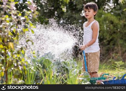 Littile boy cares for plants, watering green vegetable from a watering rubber hose at sunset. Farming or backyard gardening concept.Simple Living.