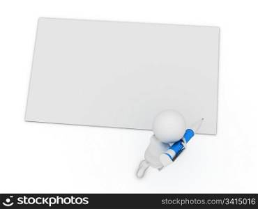 little 3d character write a card with big pen isolated on white