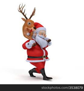 little 3d santa carrying one of his reindeers