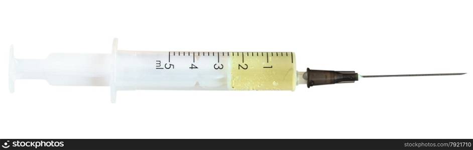 little 5 ml syringe filled with yellow liquid isolated on white background