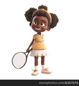 Little african american girl playing tennis. 3D rendering.